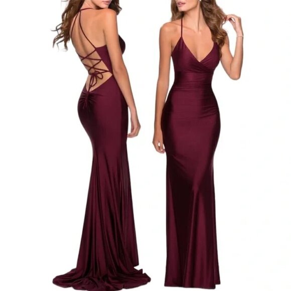 LA FEMME Strappy Back Tie Trimpet Gown in Dark Berry Size US 8 - Picture 1 of 9